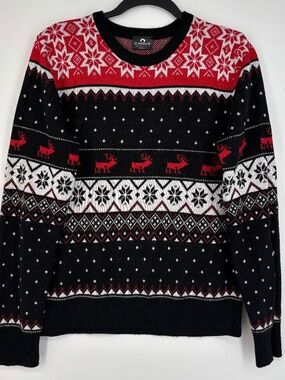 Cirque Mens Size Small Pullover Sweater Black Red Christmas Fair Isle Reindeer